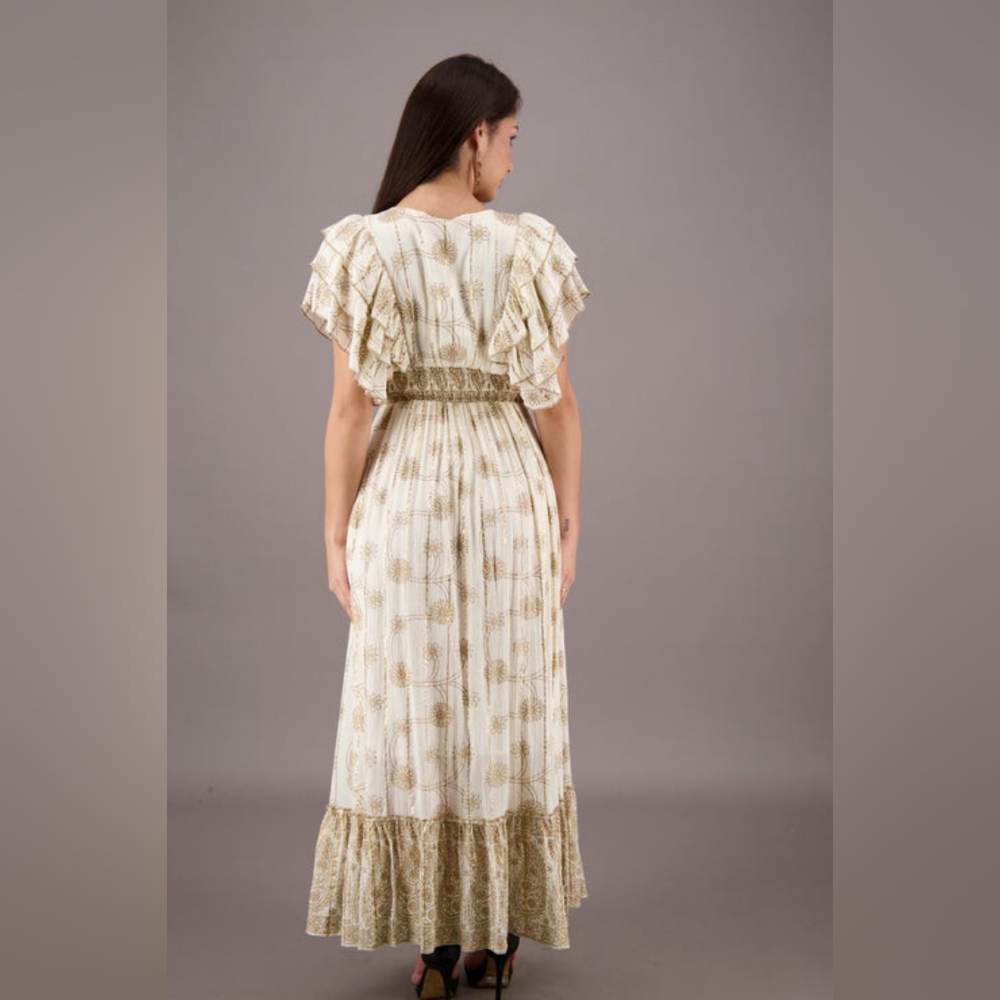 Ananta Cream and Gold Women's Maxi Dress Boho Anthro Inspired Boutique NWOT - Picture 3 of 8